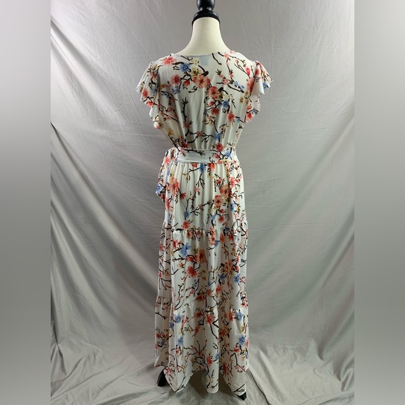 Boho Floral Print Butterfly Sleeve Ruffle Hem Belted Dress - Picture 8 of 8
